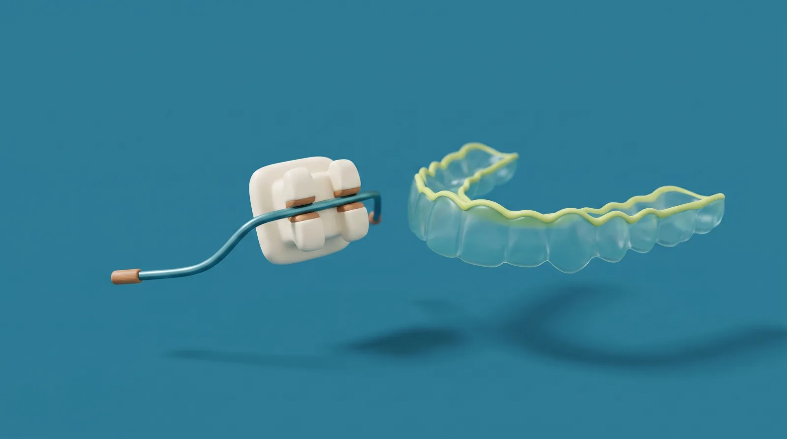Ilustración de un bracket de ortodoncia junto a un alineador transparente
