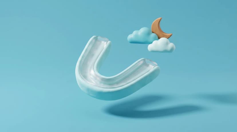 Ilustración de una guarda dental nocturna con una luna y nubes