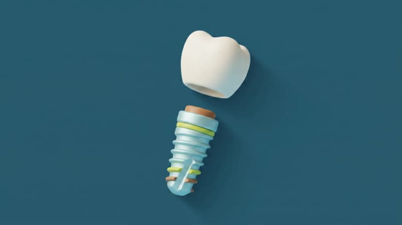 Ilustración de una corona dental flotando sobre un tornillo de implante