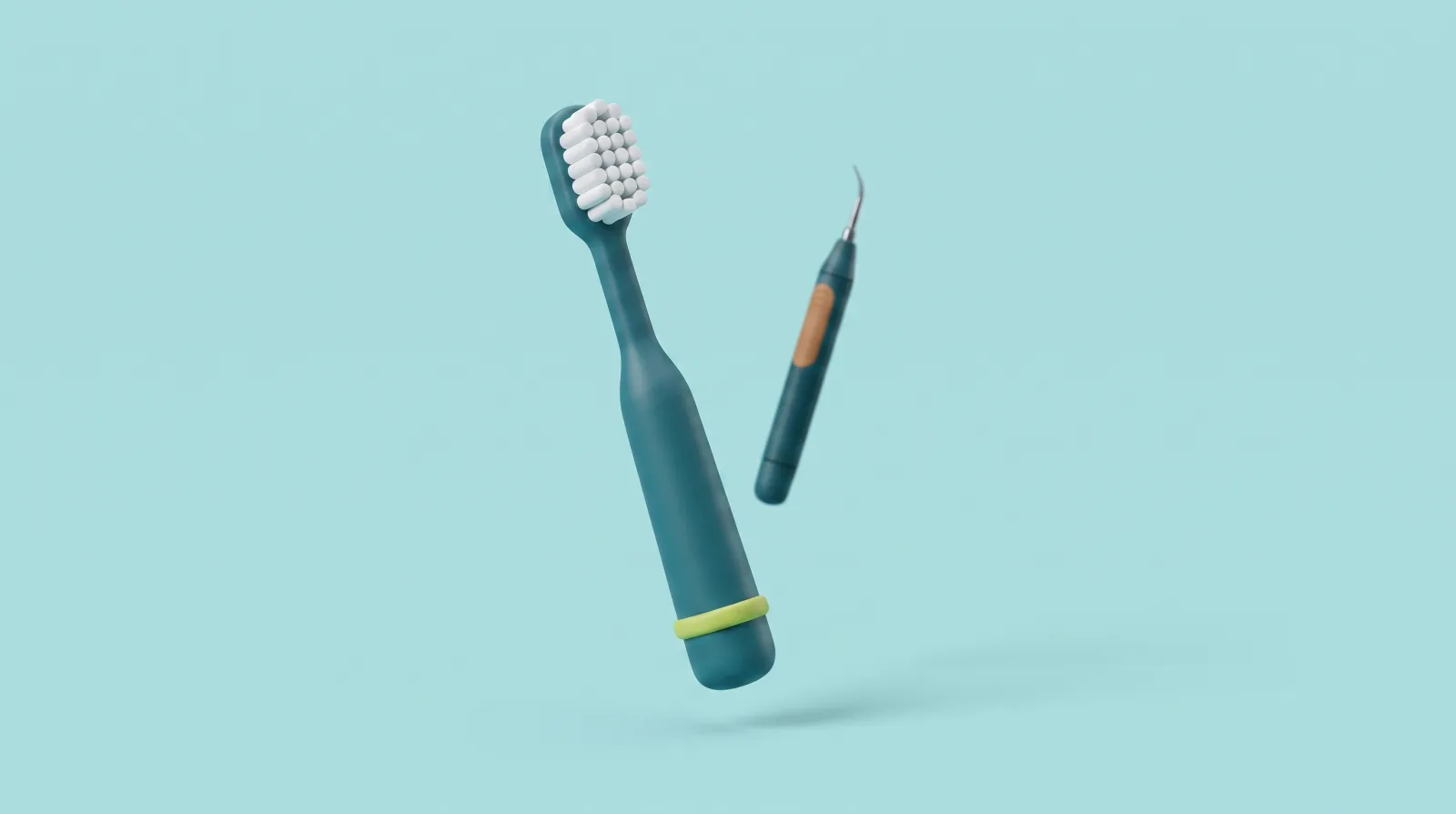 Ilustración de un cepillo de dientes junto a un instrumento de limpieza dental profesional