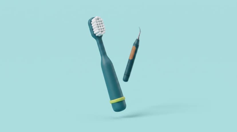 Ilustración de un cepillo de dientes junto a un instrumento de limpieza dental profesional