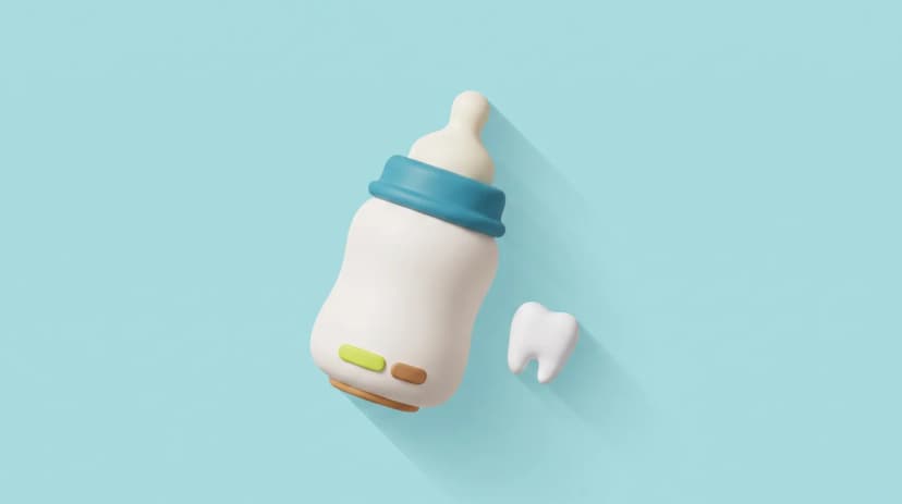 Ilustración de un biberón junto a un diente de leche sobre fondo turquesa